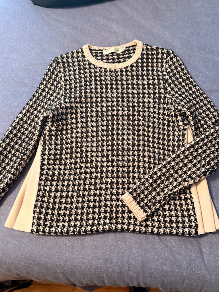Dior Black And Cream Houndstooth Knit Sweater With Pink Trim